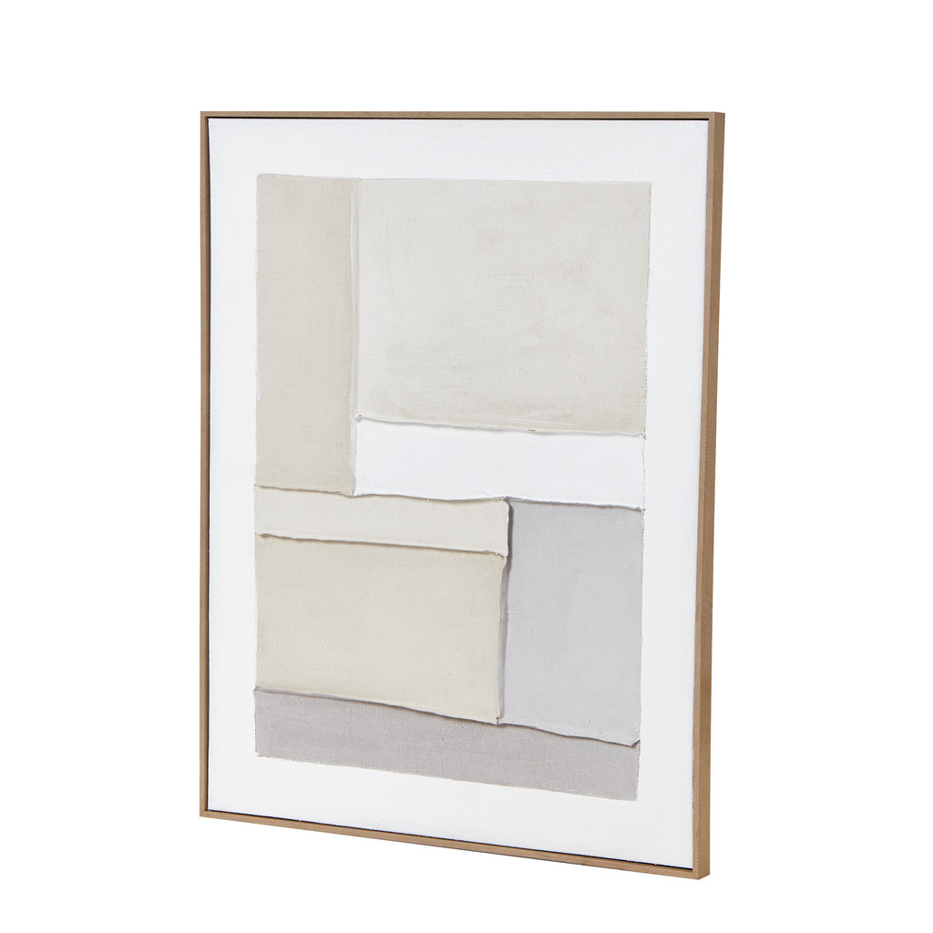Angled view of the portrait artwork showing the brown frame's right side and the raised edges of the pale abstract shapes.