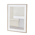 Angled view of the portrait artwork showing the brown frame's right side and the raised edges of the pale abstract shapes.
