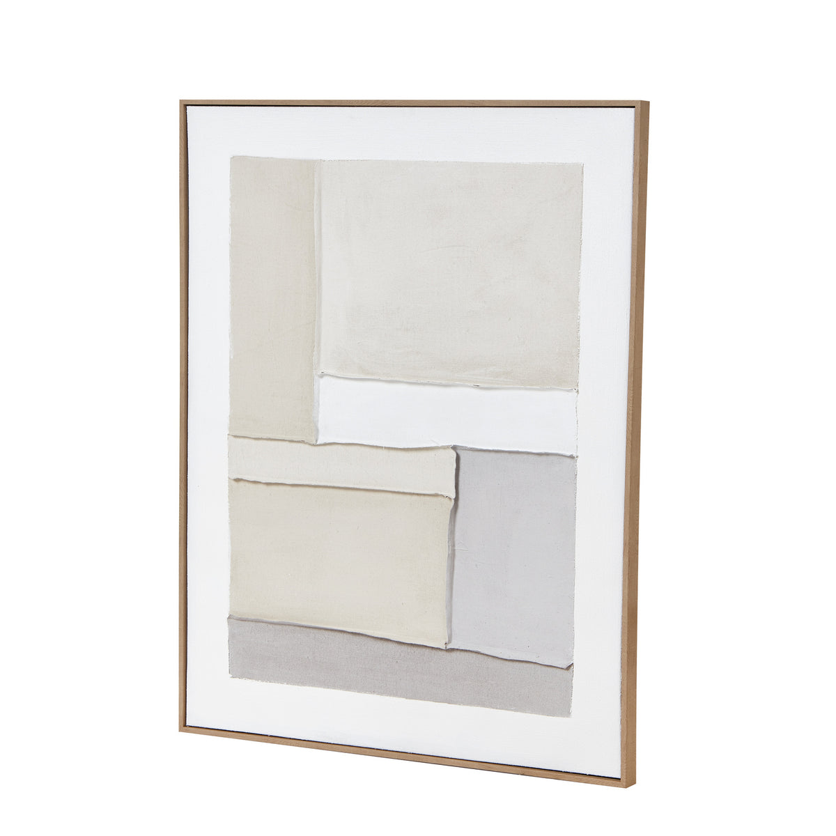 Angled view of the portrait artwork showing the brown frame's right side and the raised edges of the pale abstract shapes.