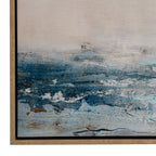 Close-up of the artwork's lower left corner, showing raised blue and grey marks, silvery-looking accents and the wood-effect frame.