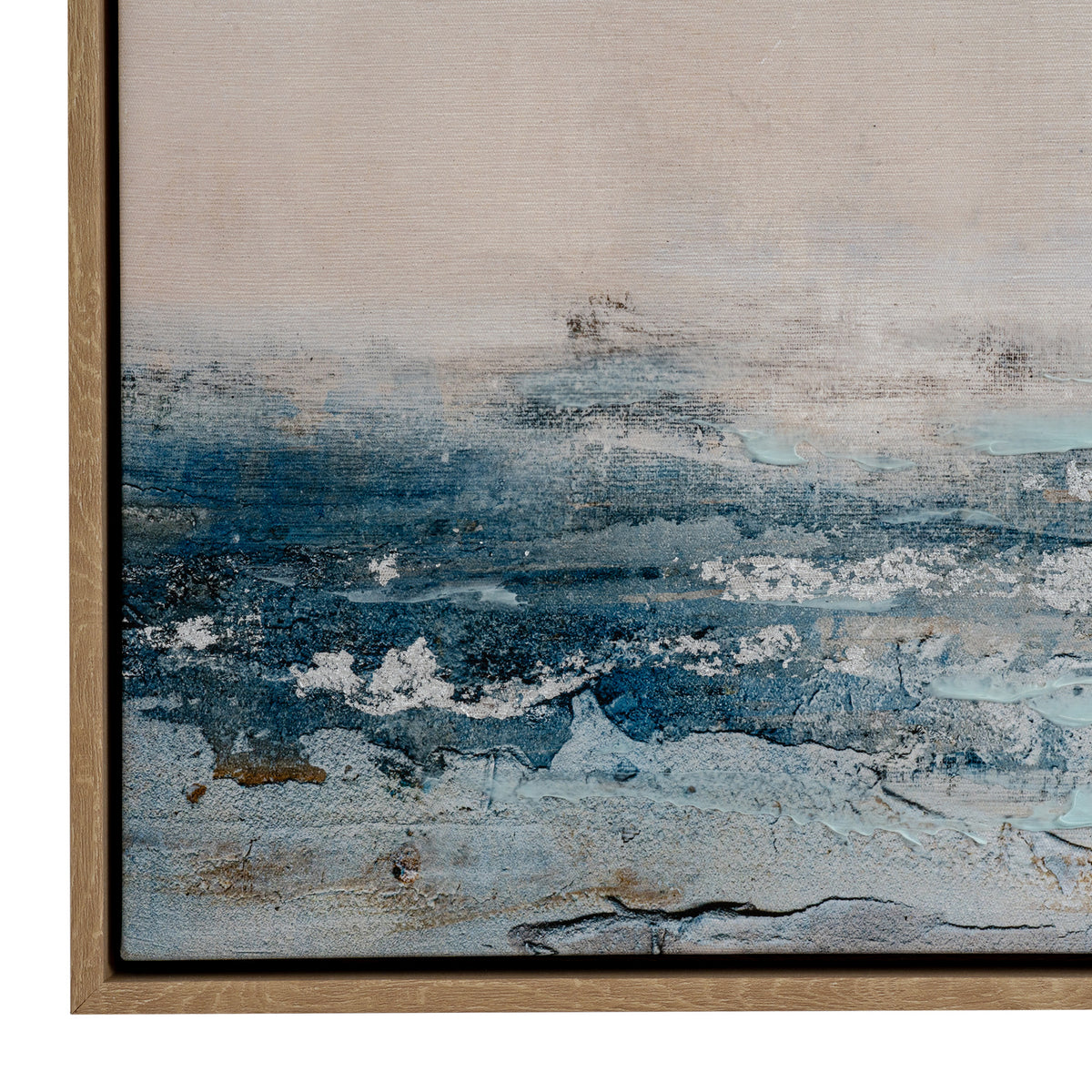 Close-up of the artwork's lower left corner, showing raised blue and grey marks, silvery-looking accents and the wood-effect frame.