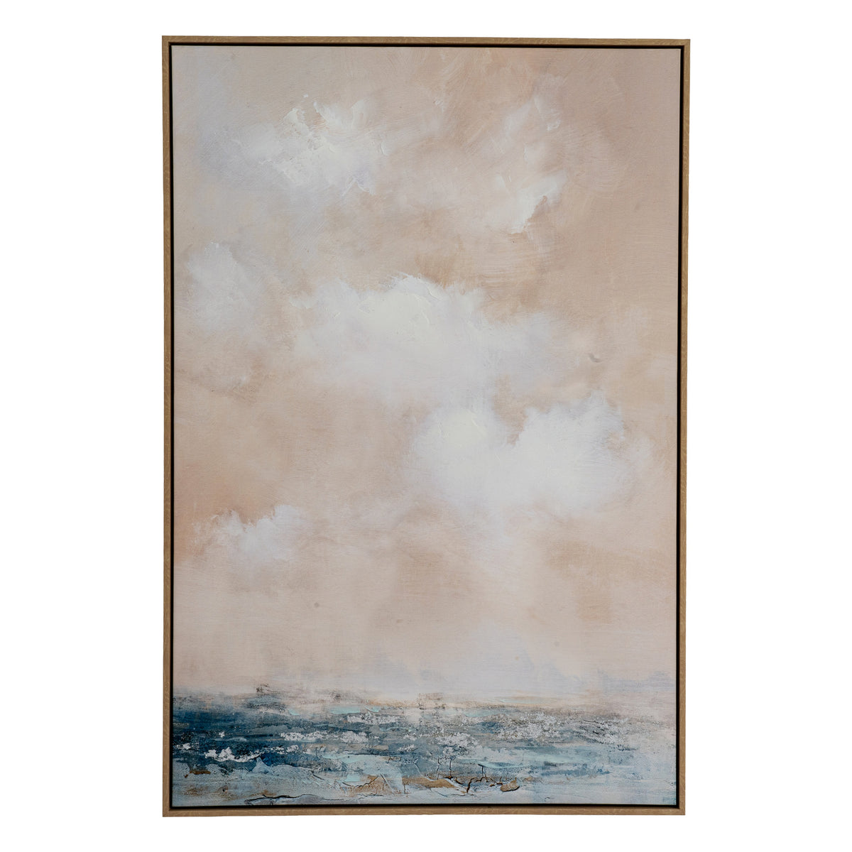 Lower Navyfield Framed Artwork shown front-on, with a pale blush and cream abstract field above a narrow navy and teal band.