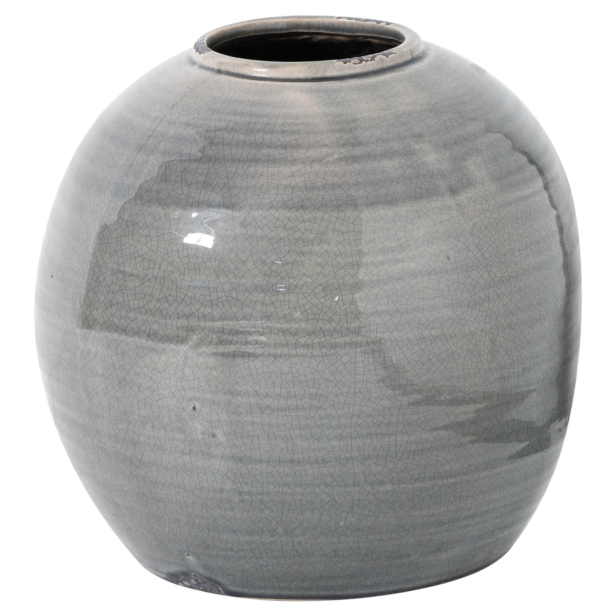 Grey rounded vase with a low circular opening, fine crackle pattern and dark patches at the rim and base, shown against white.