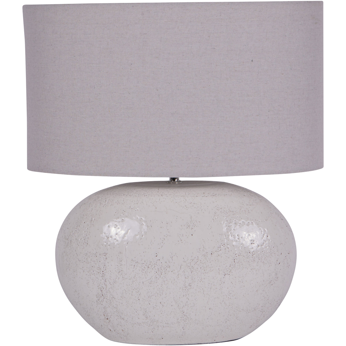 Front view of the Lucent Table Lamp with a broad white oval base and wide pale linen shade.