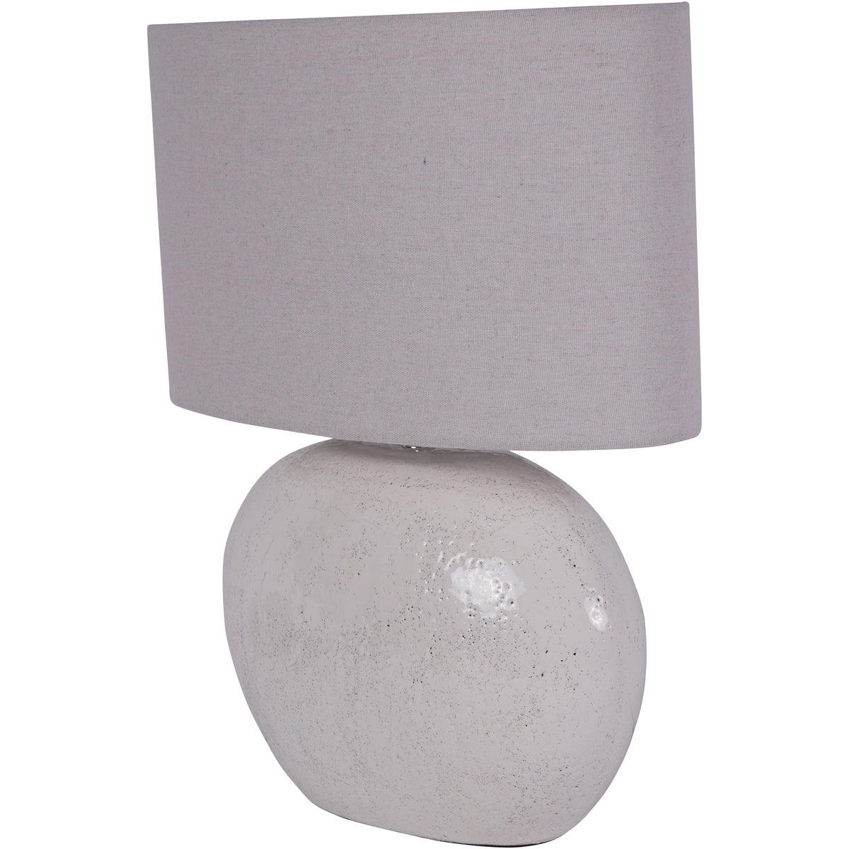 Angled view of the Lucent Table Lamp showing the flattened curved base and shallow rectangular shade.