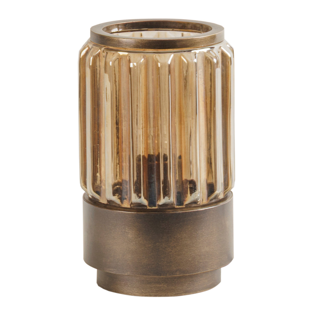 Unlit Lucent table lamp showing its cylindrical fluted glass shade, visible dark lamp holder and stepped metal base.