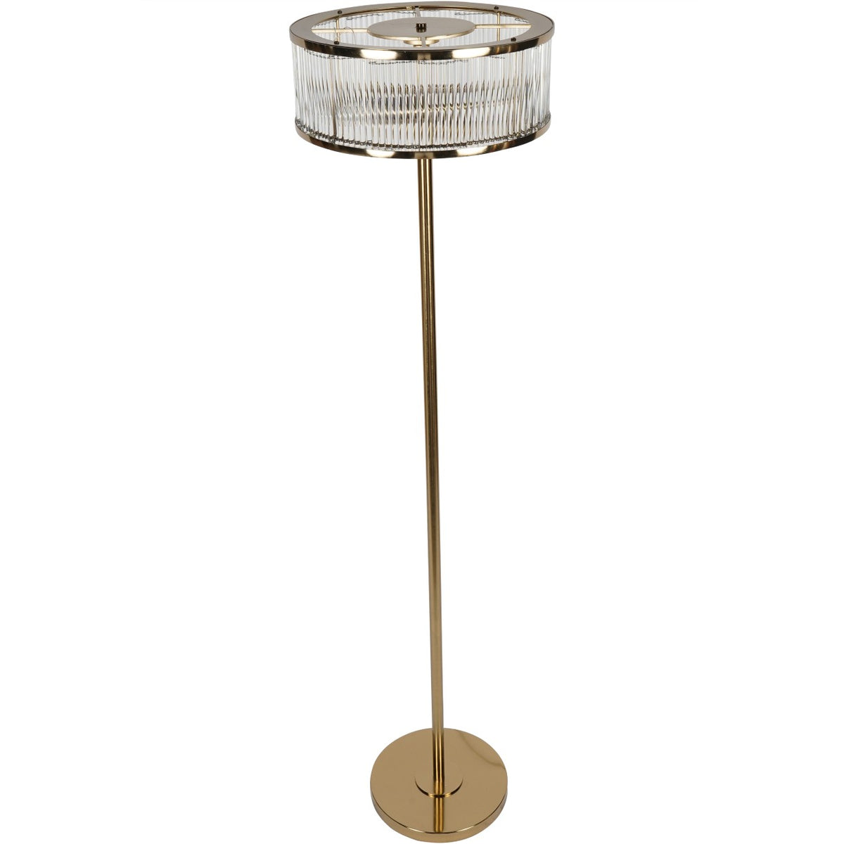 Elevated view of the full floor lamp showing the open top of the circular glass shade and round metal base.