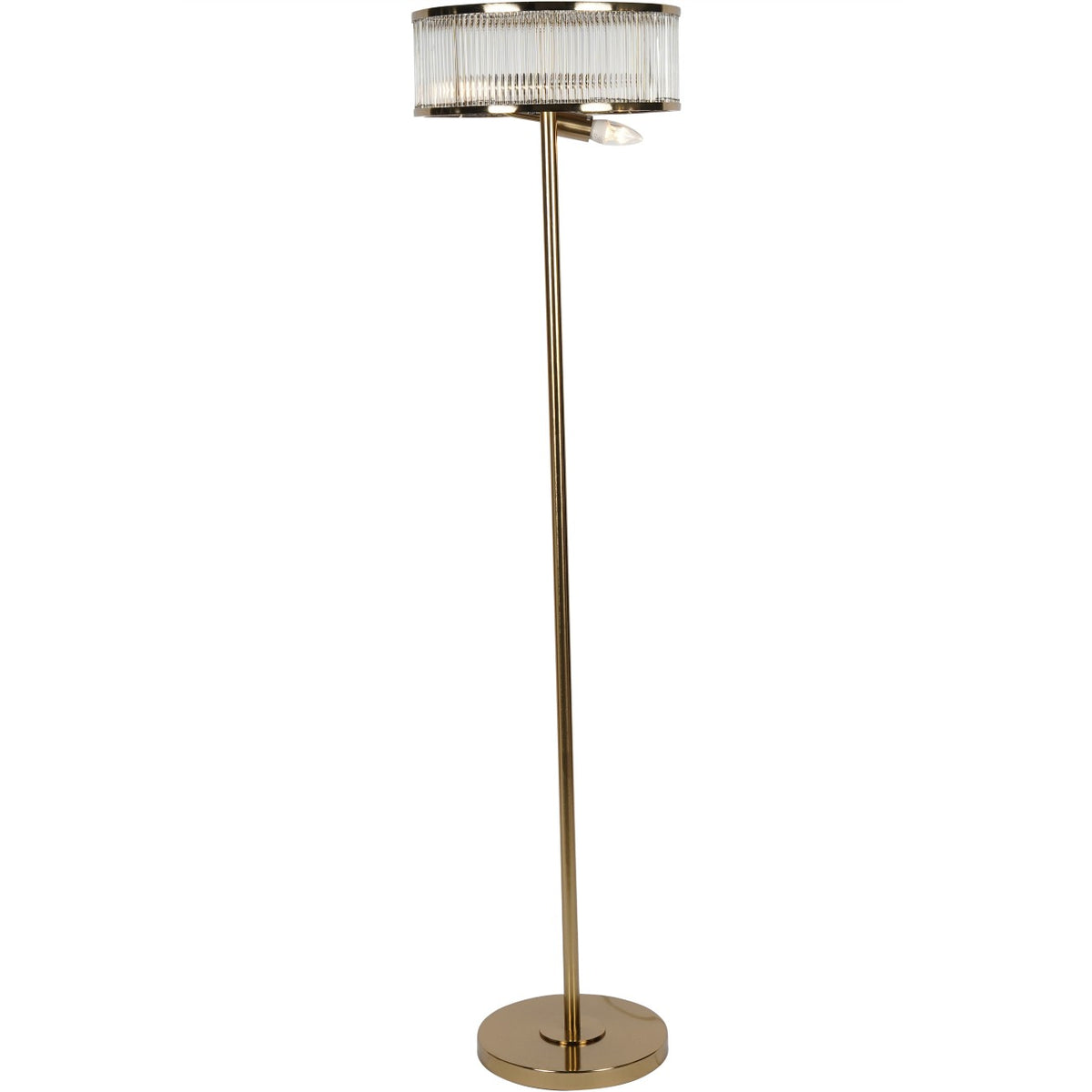 Full view of the Lumen floor lamp with a glass rod drum, slender brass-toned column and round base.