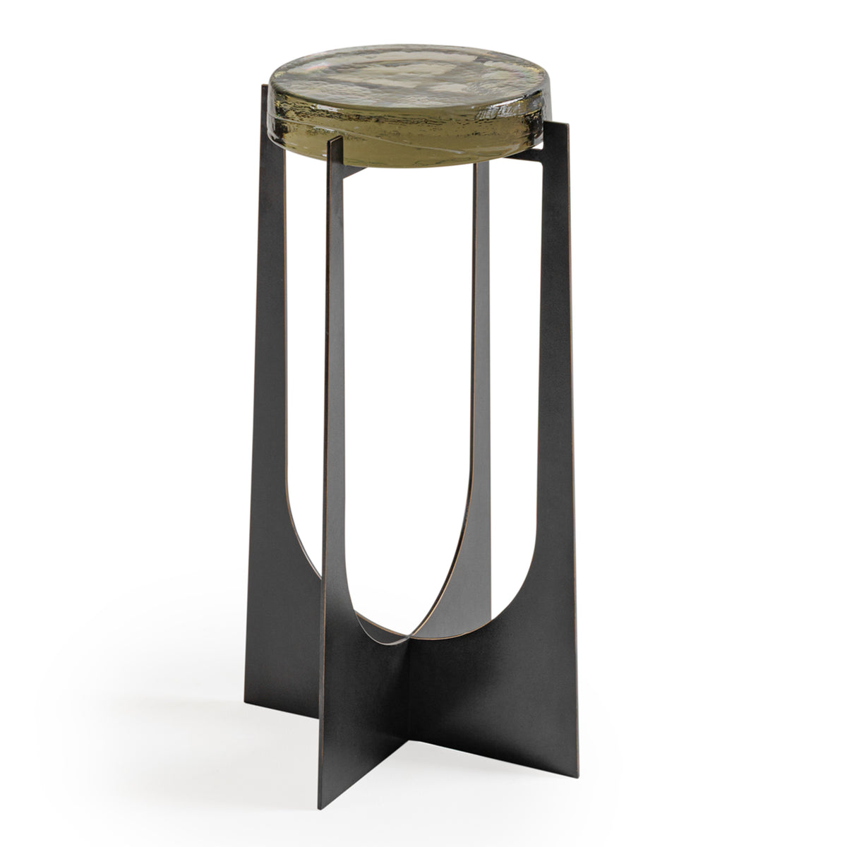 Angled view of the accent table showing intersecting iron panels and slender supports beneath the glass top.