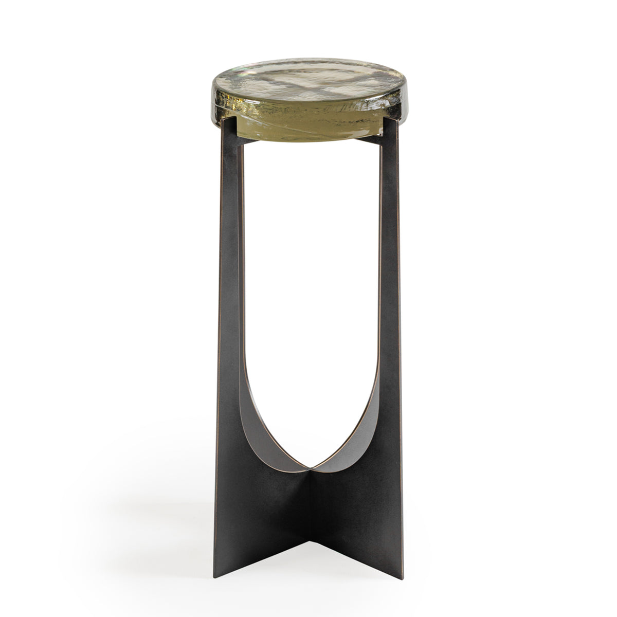 Lunette accent table with a thick round glass top and dark crossed base framing a tall pointed opening.