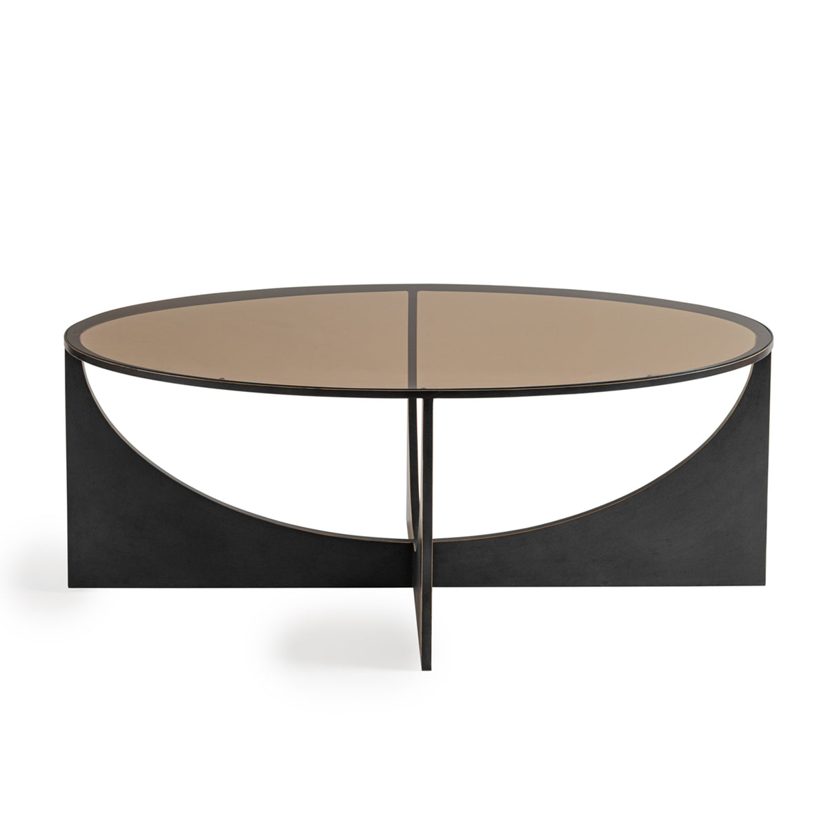 Front view of the Lunette Coffee Table with an oval tinted glass top and dark crescent-shaped base panels.