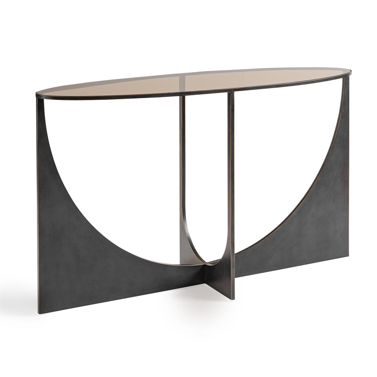 Angled view of the console table showing its intersecting iron base planes and slim oval glass top.