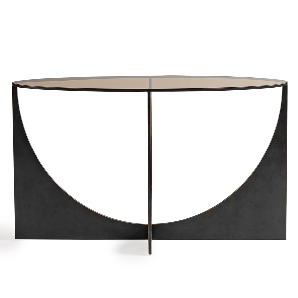 Front view of the Lunette console table with an oval brown-tinted glass top and dark base with sweeping arched openings.
