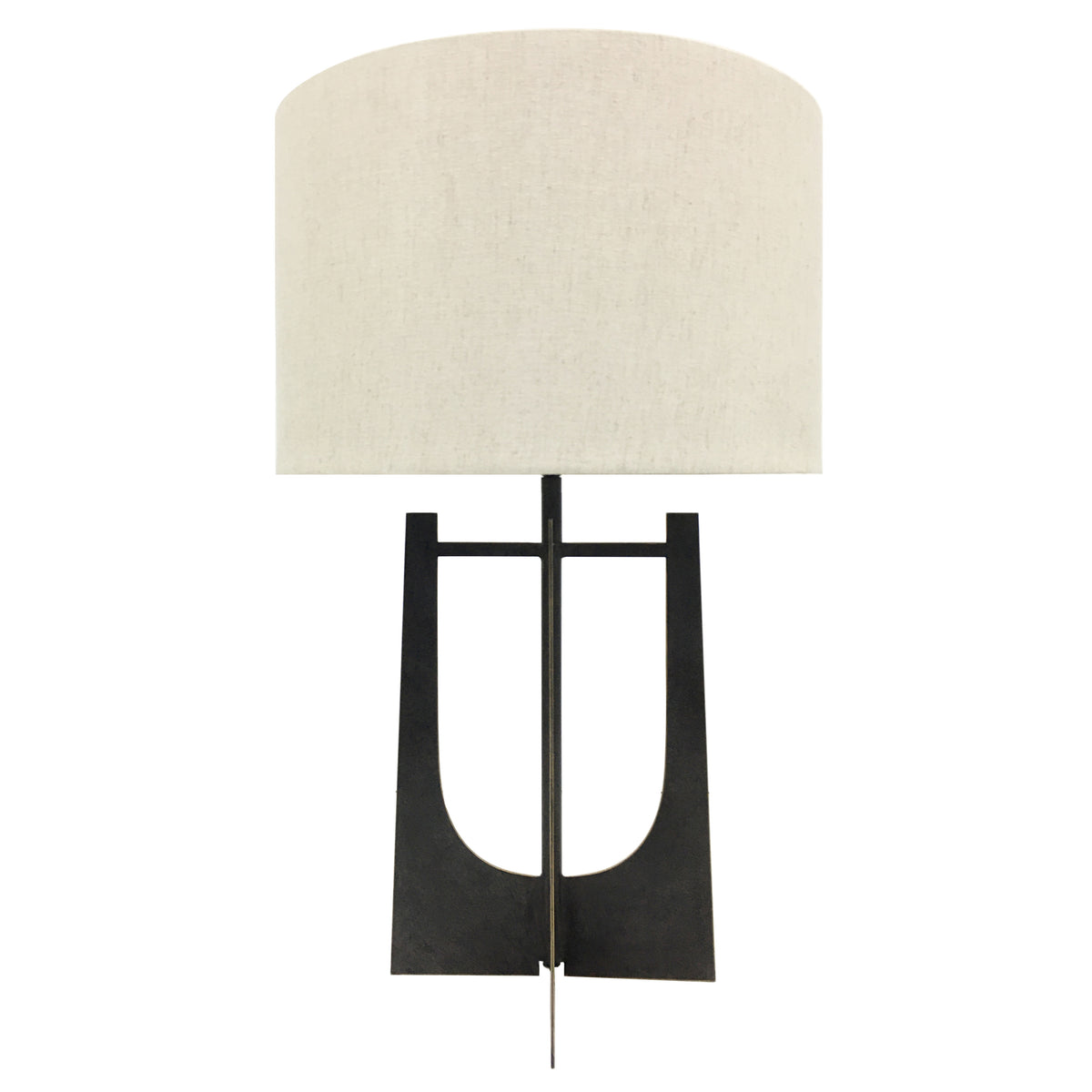Front view of the Lunette Table Lamp with a pale linen shade and dark bronze base framing a symmetrical U-shaped opening.