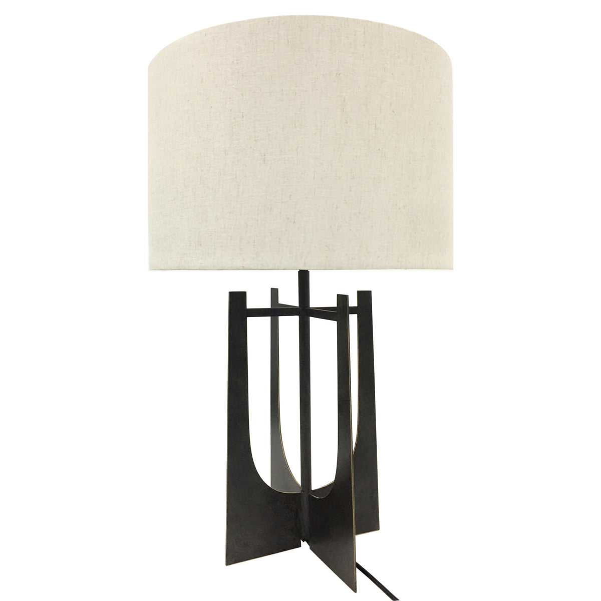 Angled view of the lamp showing crossed upright base plates, curved openings and a dark cable exiting behind the base.