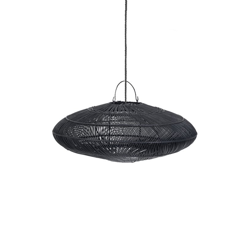 Black woven Macaron pendant with a smooth low-profile rattan silhouette.