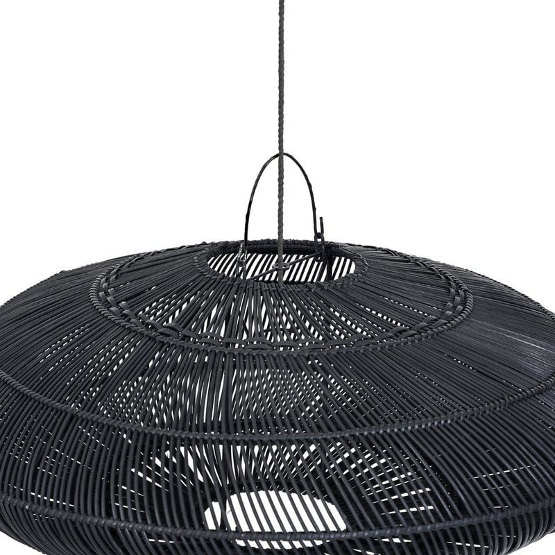 Close-up of the top of the black Macaron pendant and woven rattan rings.