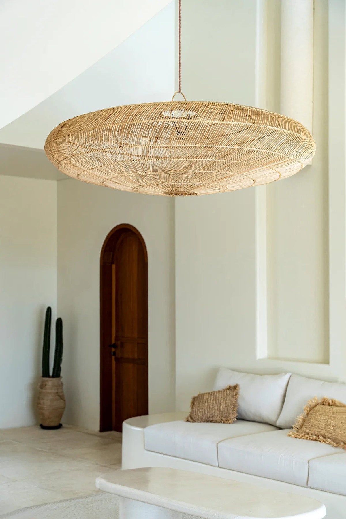 Macaron Rattan Pendant Light – Natural, Extra Large – styled in a bright lounge