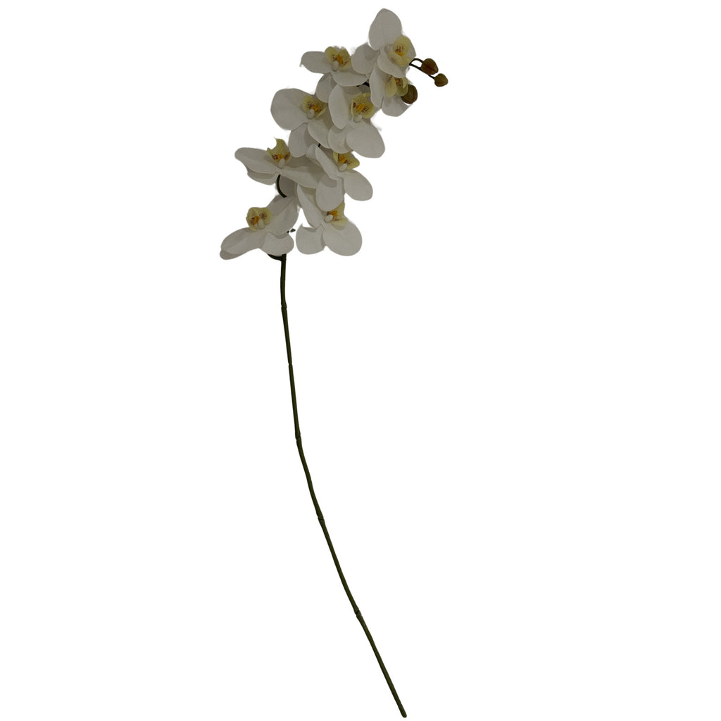 Full view of the artificial flower stem, with a long slender green stalk beneath a curved spray of white flowers and olive-brown buds.