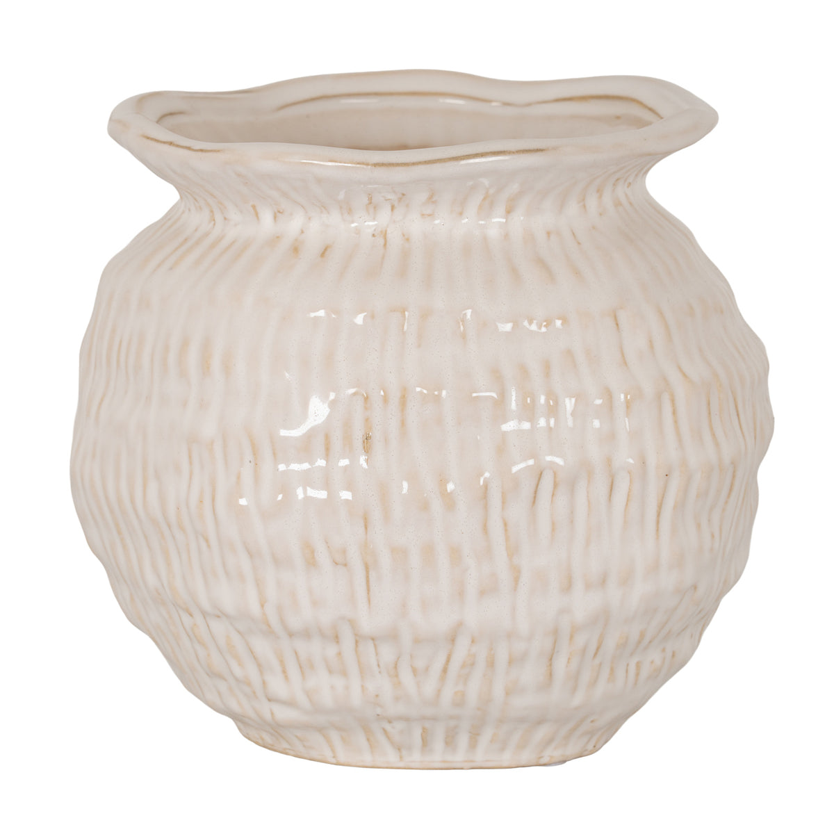 Cream vase viewed slightly from above, showing a wide wavy rim, pinched neck and rounded body covered in rows of vertical marks with tan accents.