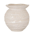 Cream vase on a white background, showing a wide wavy rim, narrow neck and rounded body covered in rows of short tan-accented vertical marks.