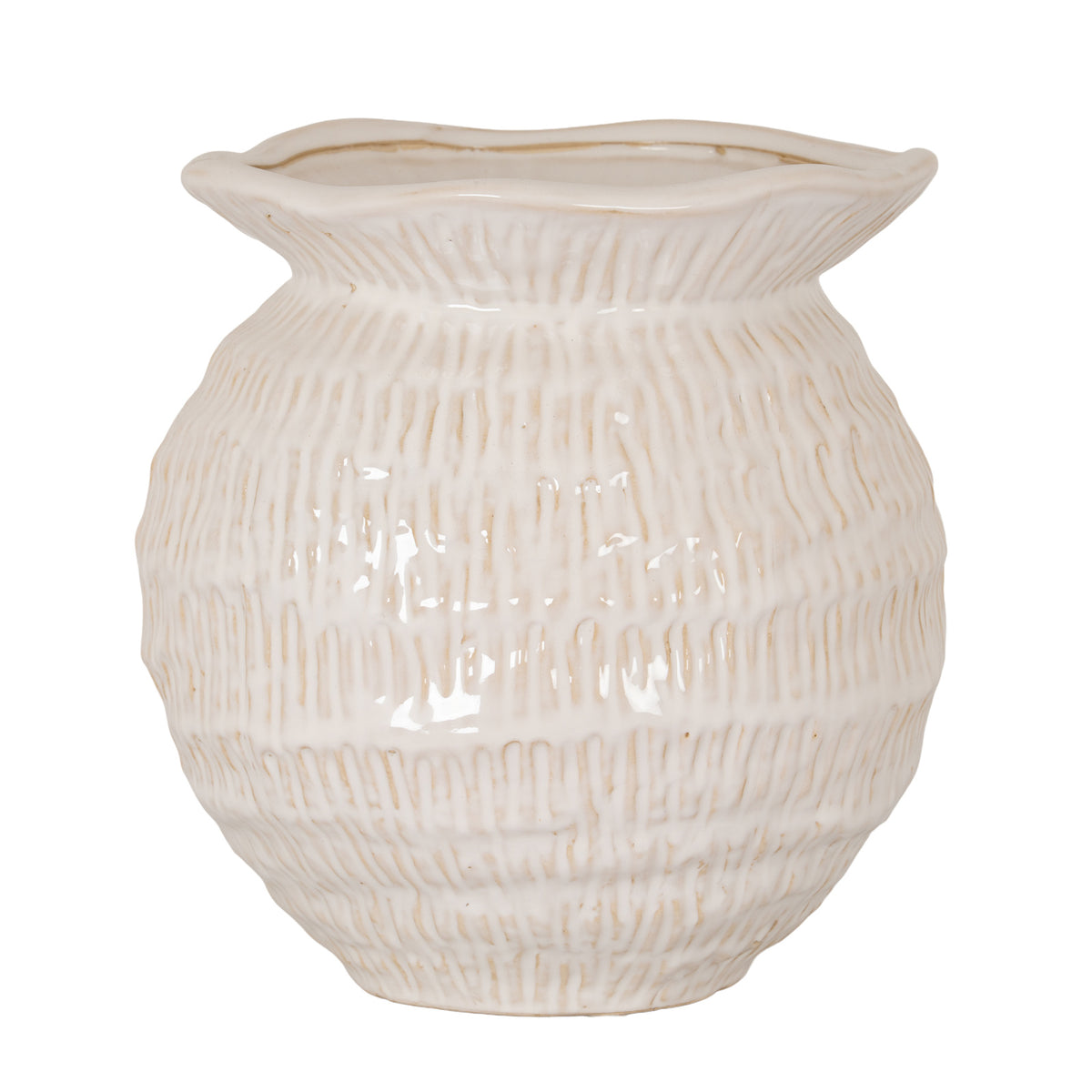 Cream vase on a white background, showing a wide wavy rim, narrow neck and rounded body covered in rows of short tan-accented vertical marks.