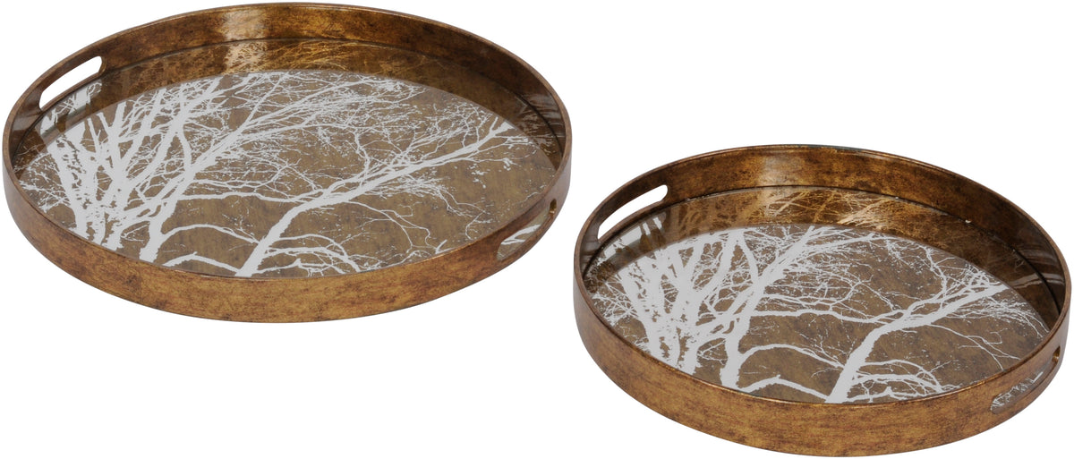 Two round trays in different sizes shown at an angle, with mottled gold rims, oval hand openings and white tree patterns across mirrored bases.