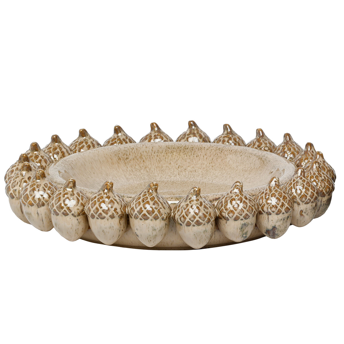 Low angled view of the cream Mast platter, showing its shallow well and continuous border of sculpted acorns.