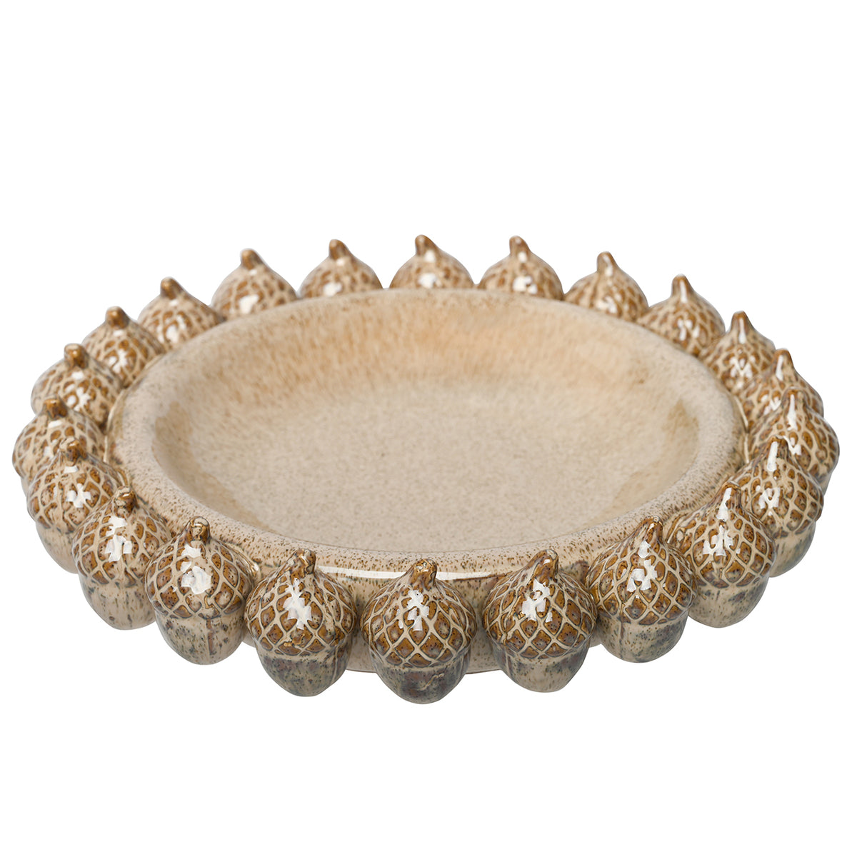 Elevated view of the circular platter, showing the speckled cream interior surrounded by glossy acorn details.