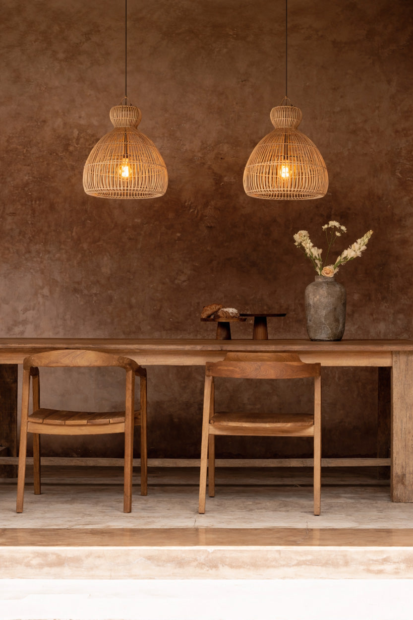 Matcha Whisk Rattan Pendant Light – Natural, Small – two pendants styled above a dining table