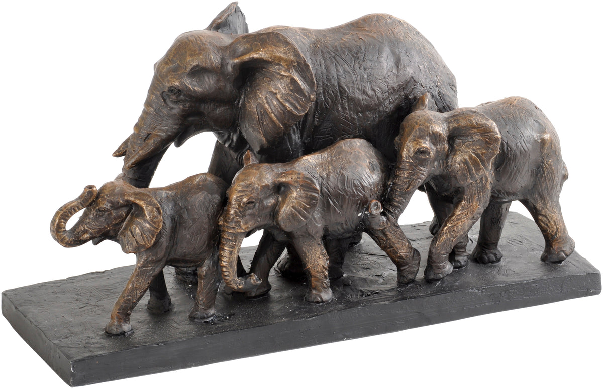 Angled view of the bronze-toned elephant group on a rectangular dark plinth, showing textured skin and overlapping figures against white.