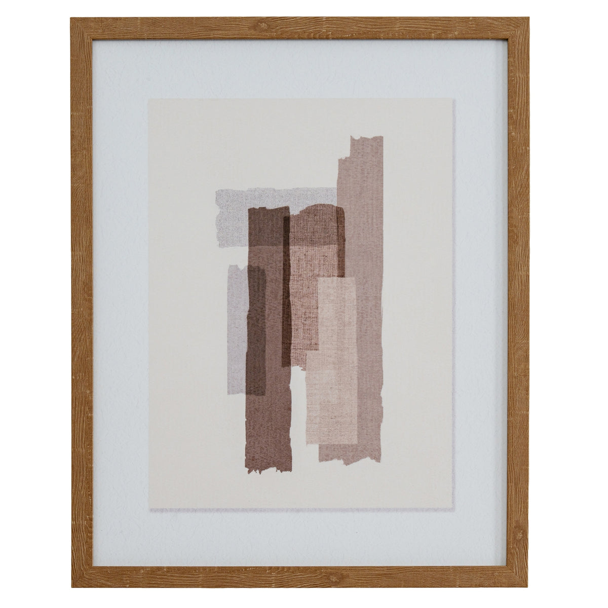 Front view of portrait artwork with overlapping mauve, brown, taupe and grey blocks, a broad pale mount and a brown grain-effect frame.