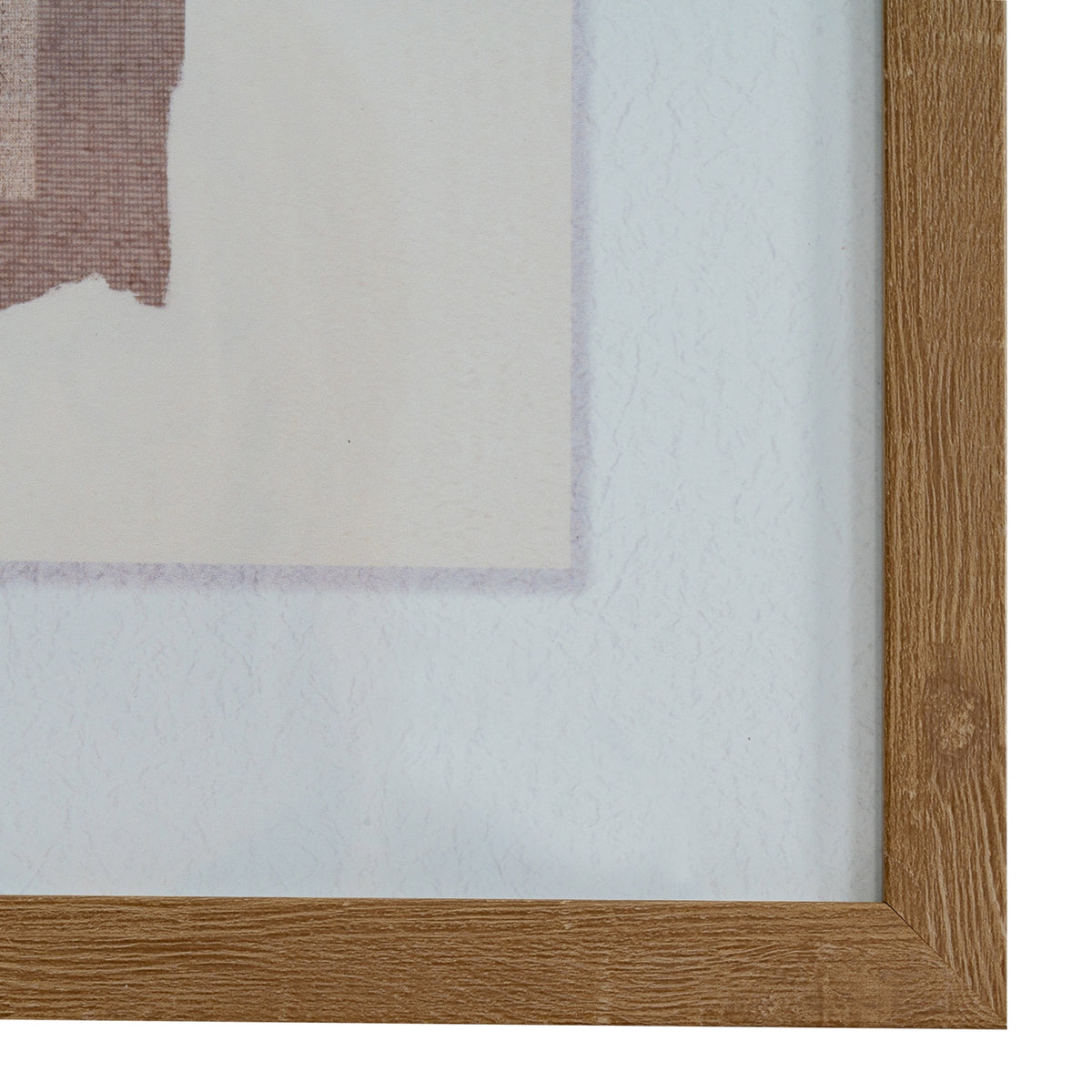 Close-up of the artwork's lower right corner, showing the pale mount, the edge of a mauve block and the grain effect on the mitred brown frame.