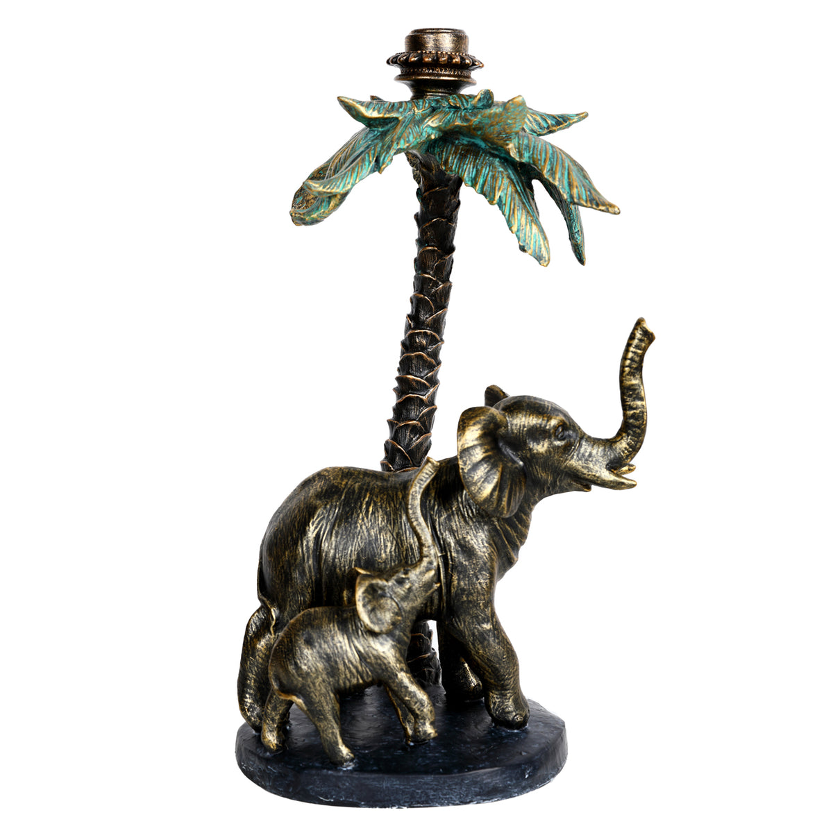Side view of the elephant candle holder, showing an adult and calf beneath a turquoise-green and gold palm on a black oval base.
