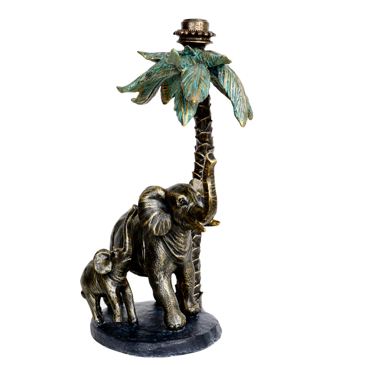 Front angled view of the adult elephant and calf with lifted trunks, beneath overlapping palm leaves and a gold-toned candle socket.