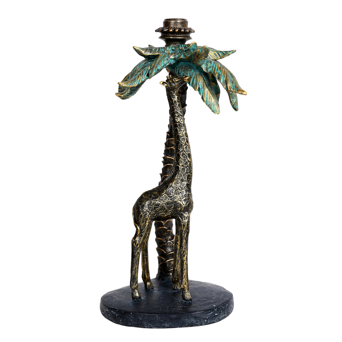 Giraffe candle holder viewed at an angle, with the giraffe beneath turquoise and gold palm leaves on a dark oval base.