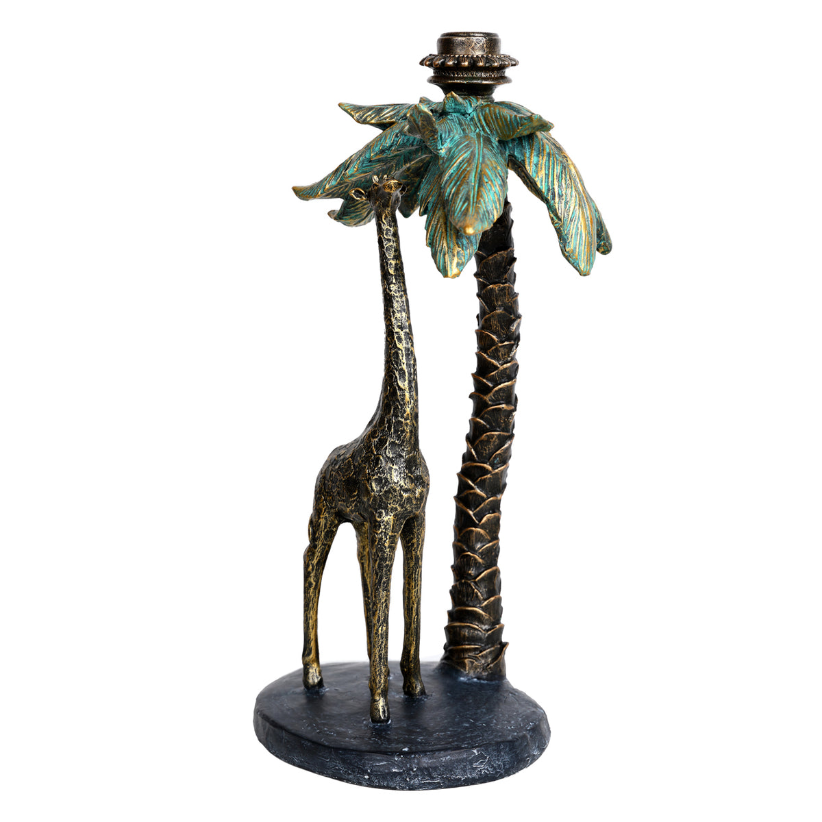 Front view of the candle holder showing the slender giraffe beside a grooved palm trunk, with a candle socket above the leaves.