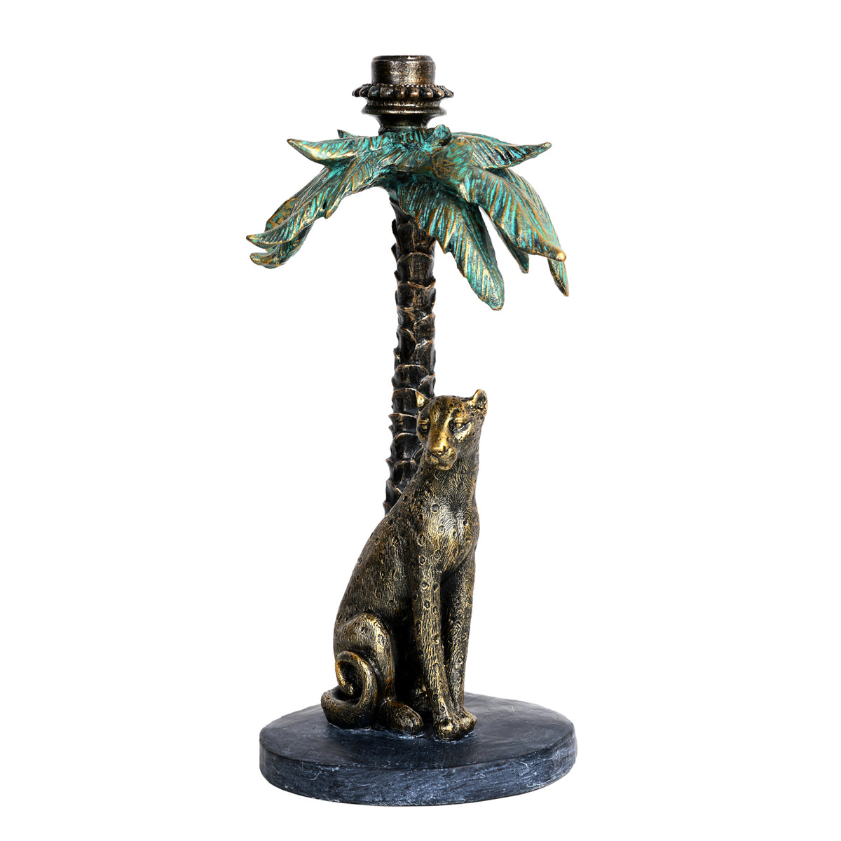 Leopard candlestick with an antique gold seated leopard beneath turquoise palm leaves on a dark round base.