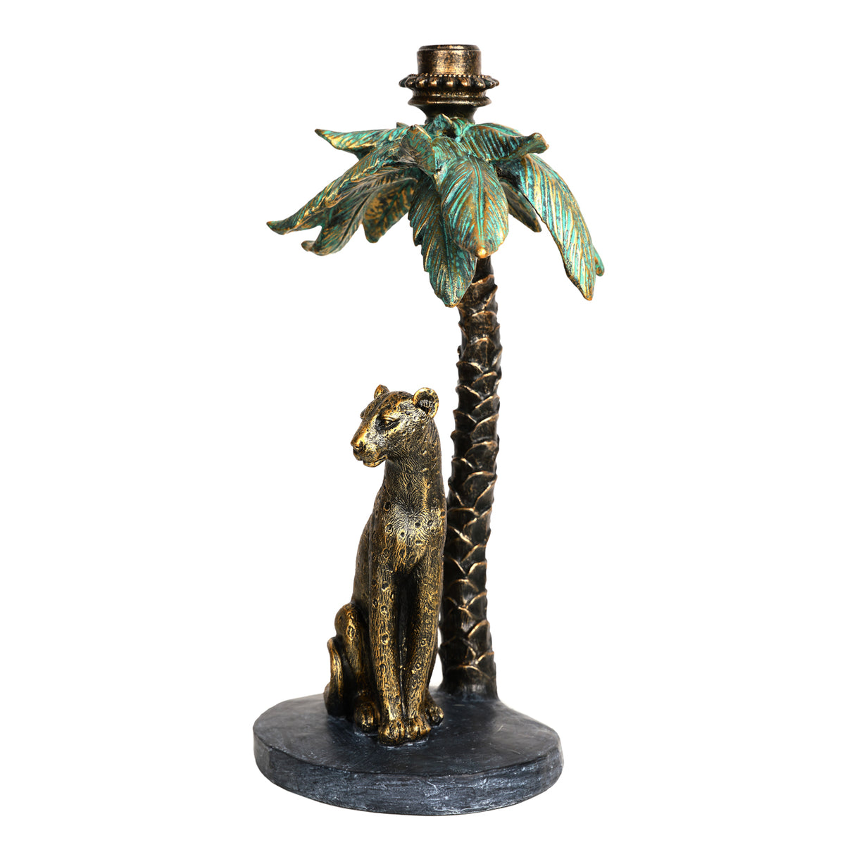 Angled view of the leopard candlestick showing the seated figure beside the palm trunk and socket above the canopy.
