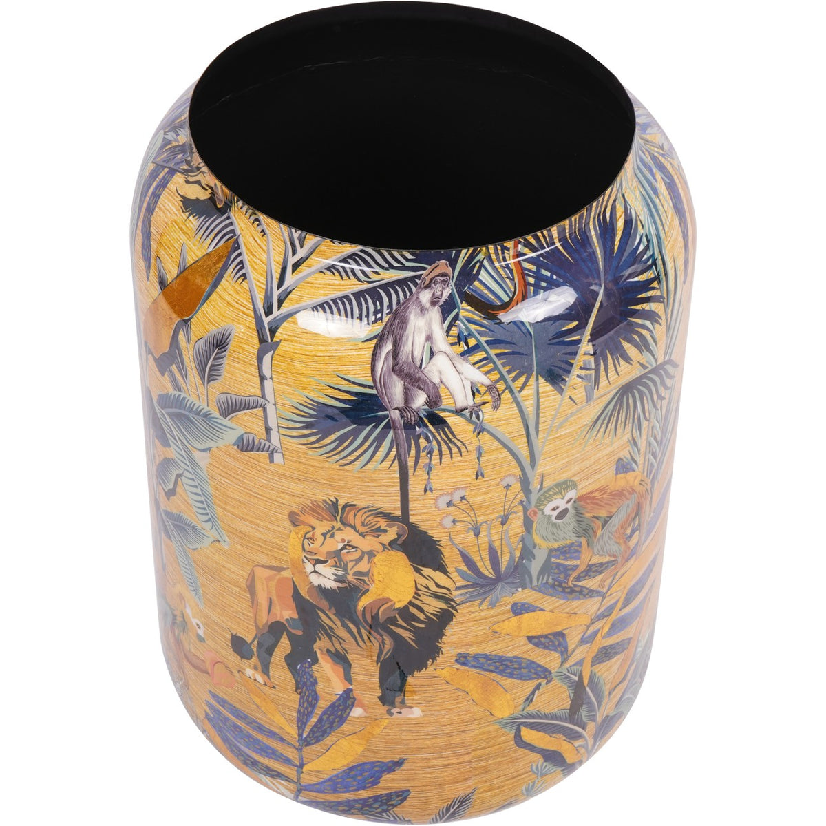 Elevated view of the illustrated vase showing its wide opening, dark interior and rounded shoulders.