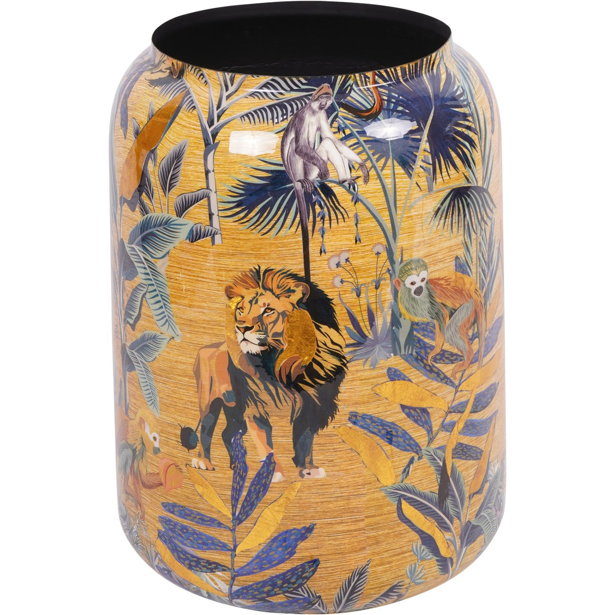Large barrel-shaped vase with a lion and monkeys among tropical foliage on an ochre-gold background, with a black rim.