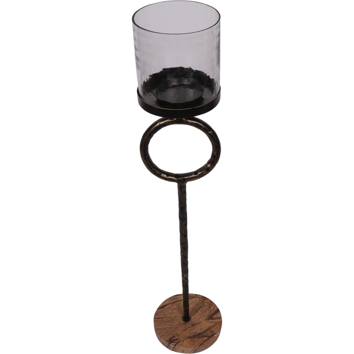 Elevated view showing the hurricane's open glass top, circular candle plate and linear veining across the marble base.