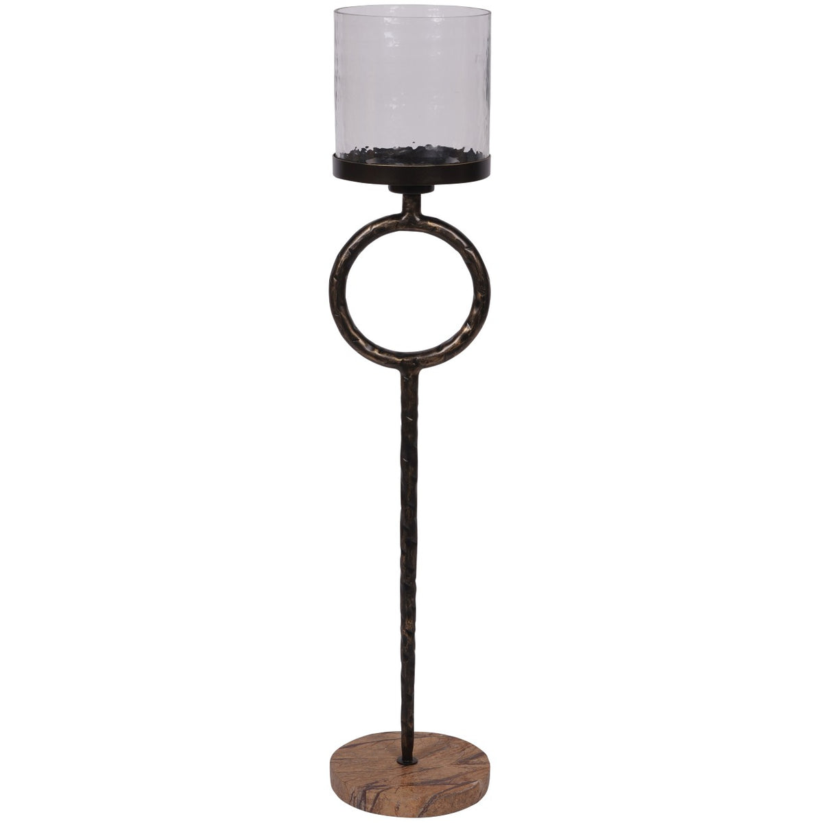 Front view of the floor hurricane with a clear glass cylinder, dark open-ring stem and round brown marble base.