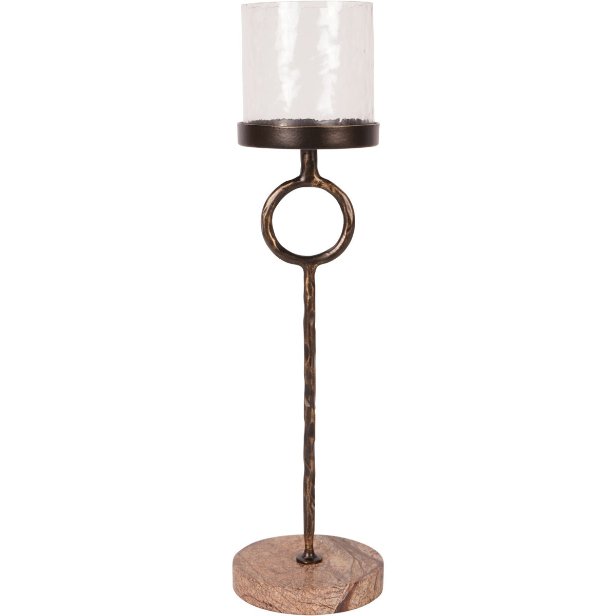 Front view of the Meridian Hurricane candle holder with clear glass surround, circular link in the slender stem and round brown marble base.