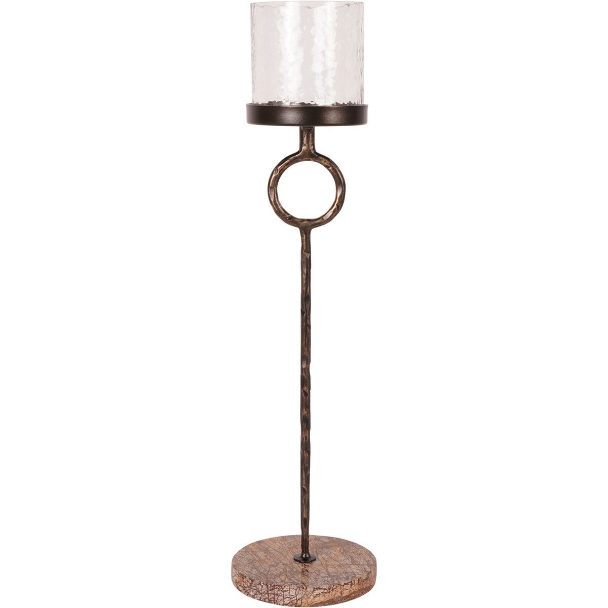 Front view of the Meridian Hurricane candle holder with clear glass cylinder, open iron ring and round brown marble base.