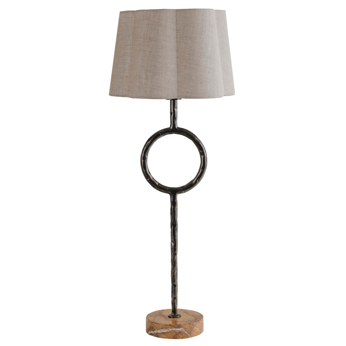 Front view of the Meridian Table Lamp with an ivory scalloped shade, dark bronze open ring and round brown marble base.