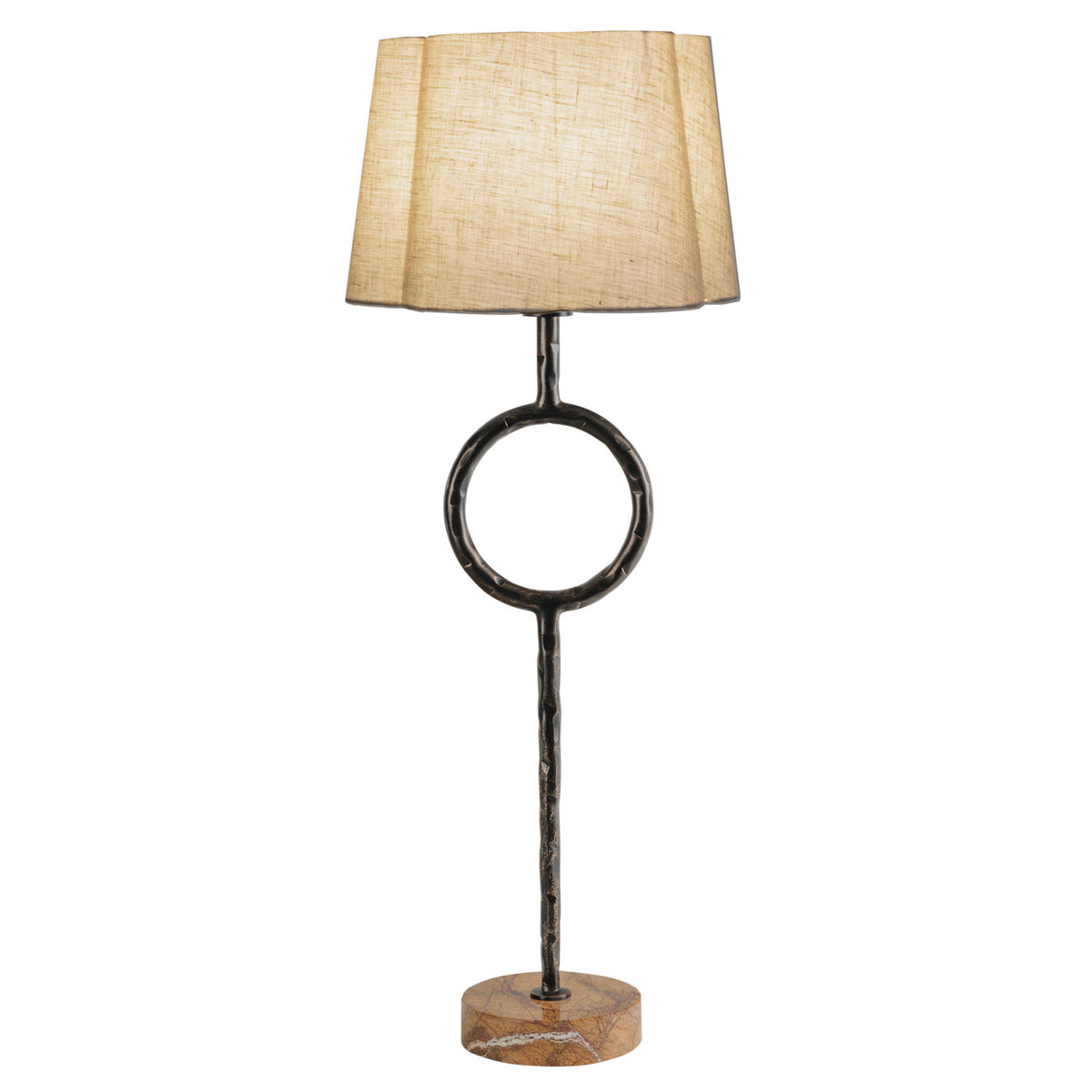Meridian Table Lamp illuminated, with a warm glow through the woven linen shade above the dark circular support.