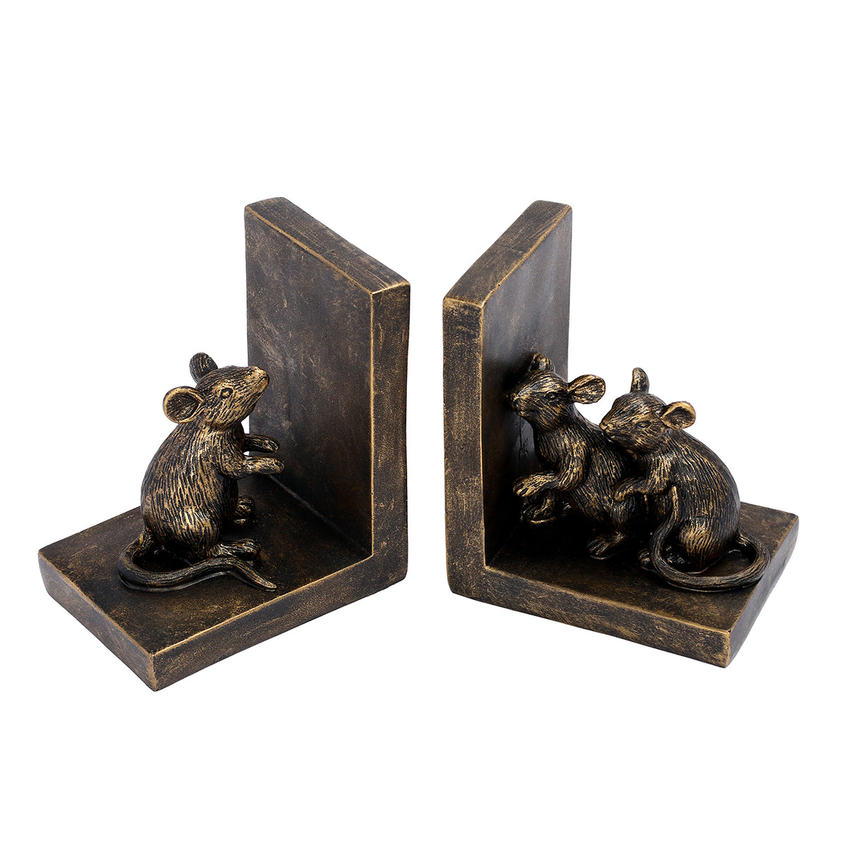 Angled view of the mice bookends showing their L-shaped bases, tall supports and sculpted animal figures.