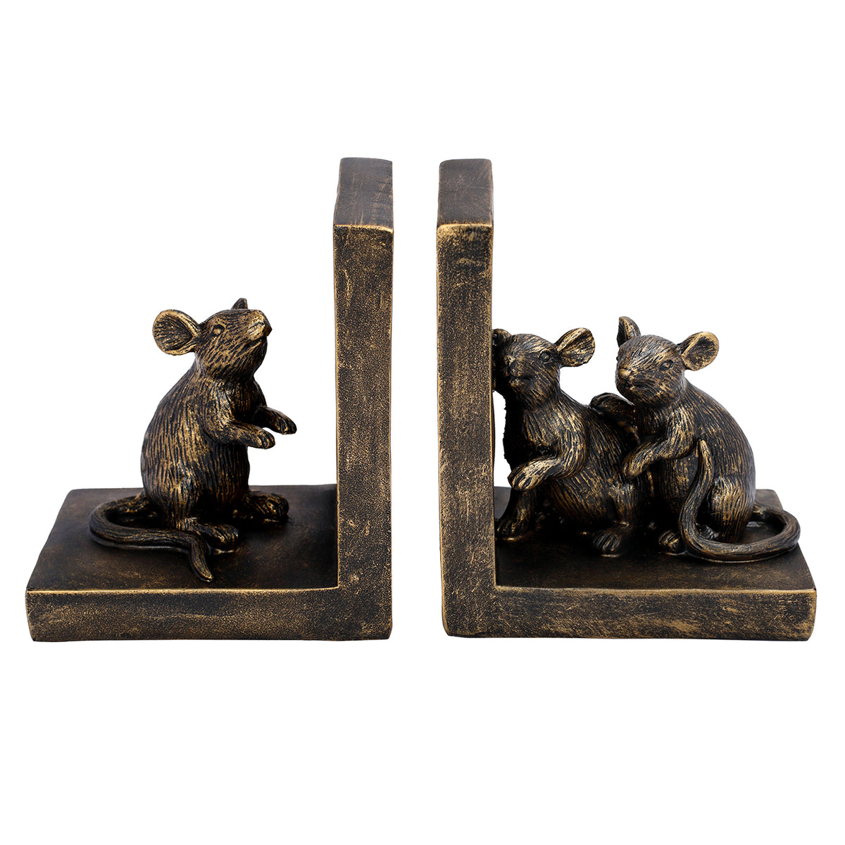 Front view of antique gold and bronze-tone mice bookends, with rectangular uprights and curled tails across the bases.