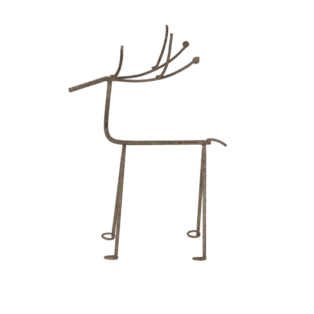 Side view of the minimalist grey reindeer decoration, showing its straight body, curved neck and tail, long legs and mottled surface.